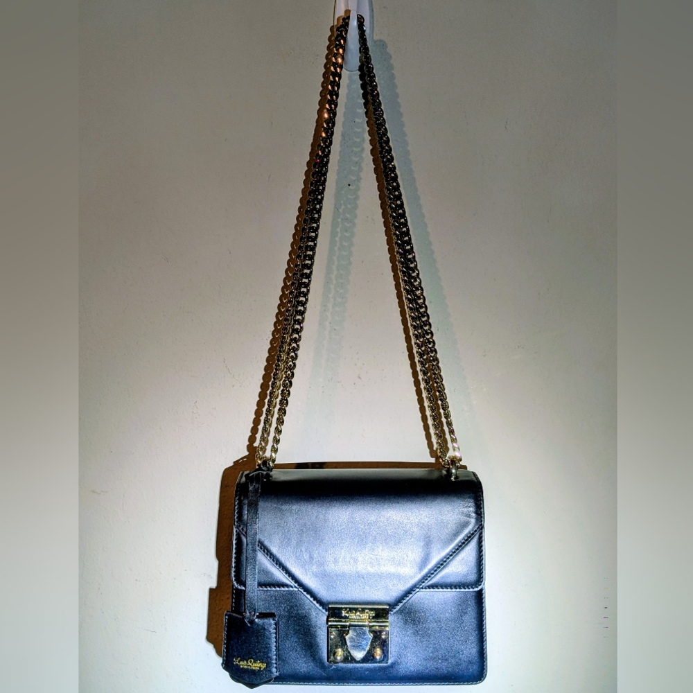 Louis Quatorze Black Leather Shoulder Or Crossbody Bag Gold Chain Strap A Beauty